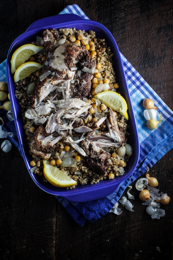 Maftool: Palestinian Couscous with Chicken, Chickpeas, and Pearl Onions {Katie at the Kitchen Door}