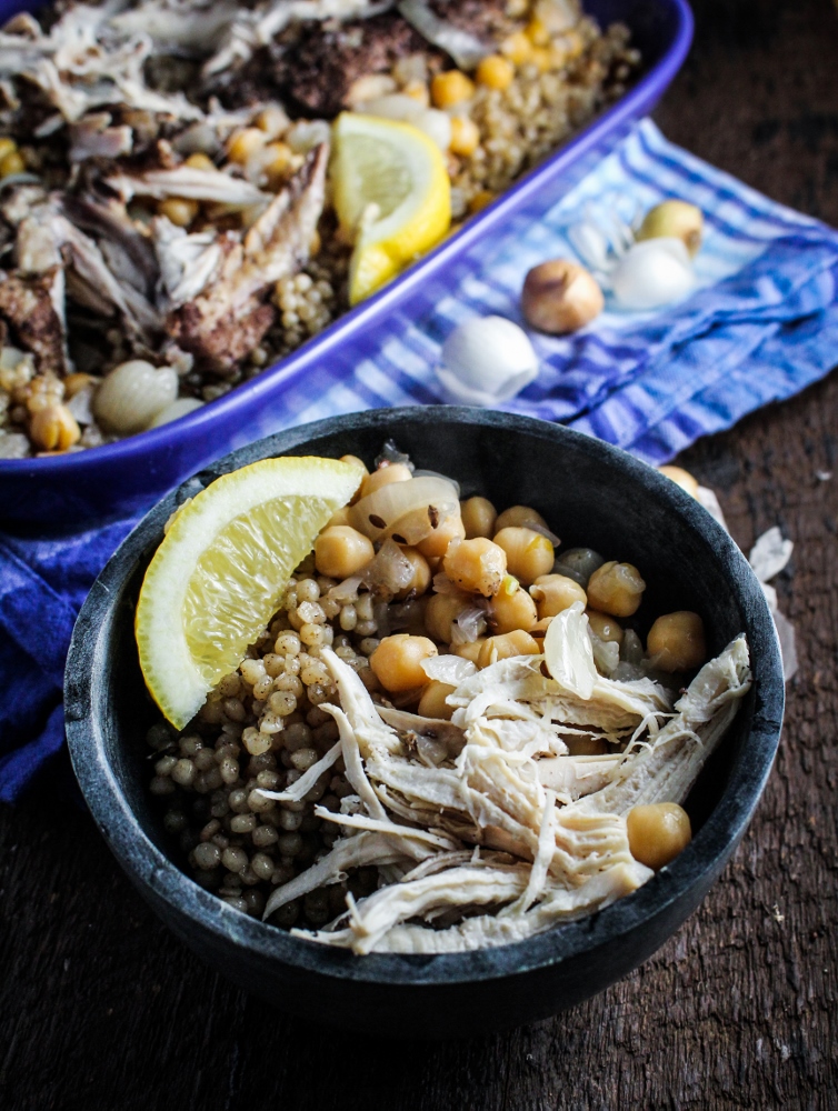 Maftool: Palestinian Couscous with Chicken, Chickpeas, and Pearl Onions {Katie at the Kitchen Door}