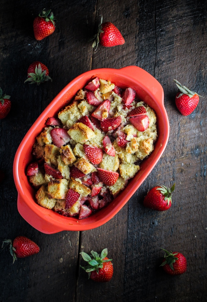 Strawberry-Bourbon Bread Pudding with White Chocolate Sauce {Katie at the Kitchen Door}