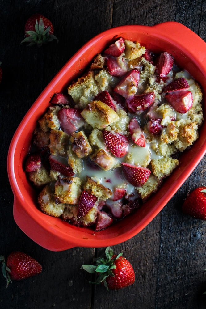 Strawberry-Bourbon Bread Pudding with White Chocolate Sauce {Katie at the Kitchen Door}