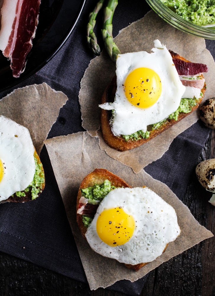 Duck Fat Toasts with Quail Eggs and Asparagus Pesto {Katie at the Kitchen Door}