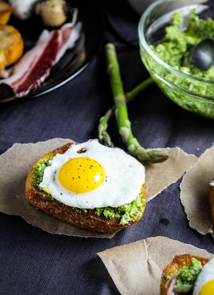 Duck Fat Toasts with Quail Eggs and Asparagus Pesto {Katie at the Kitchen Door}
