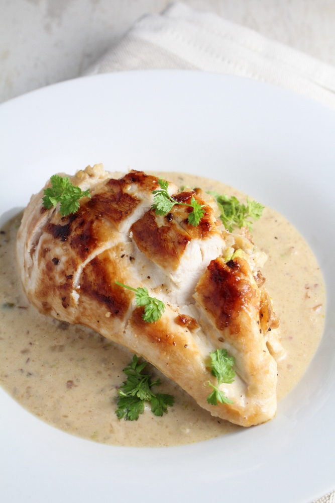 Book Club: Hungry for France // Pistachio-Stuffed Chicken Breasts with Parmesan Cream Sauce