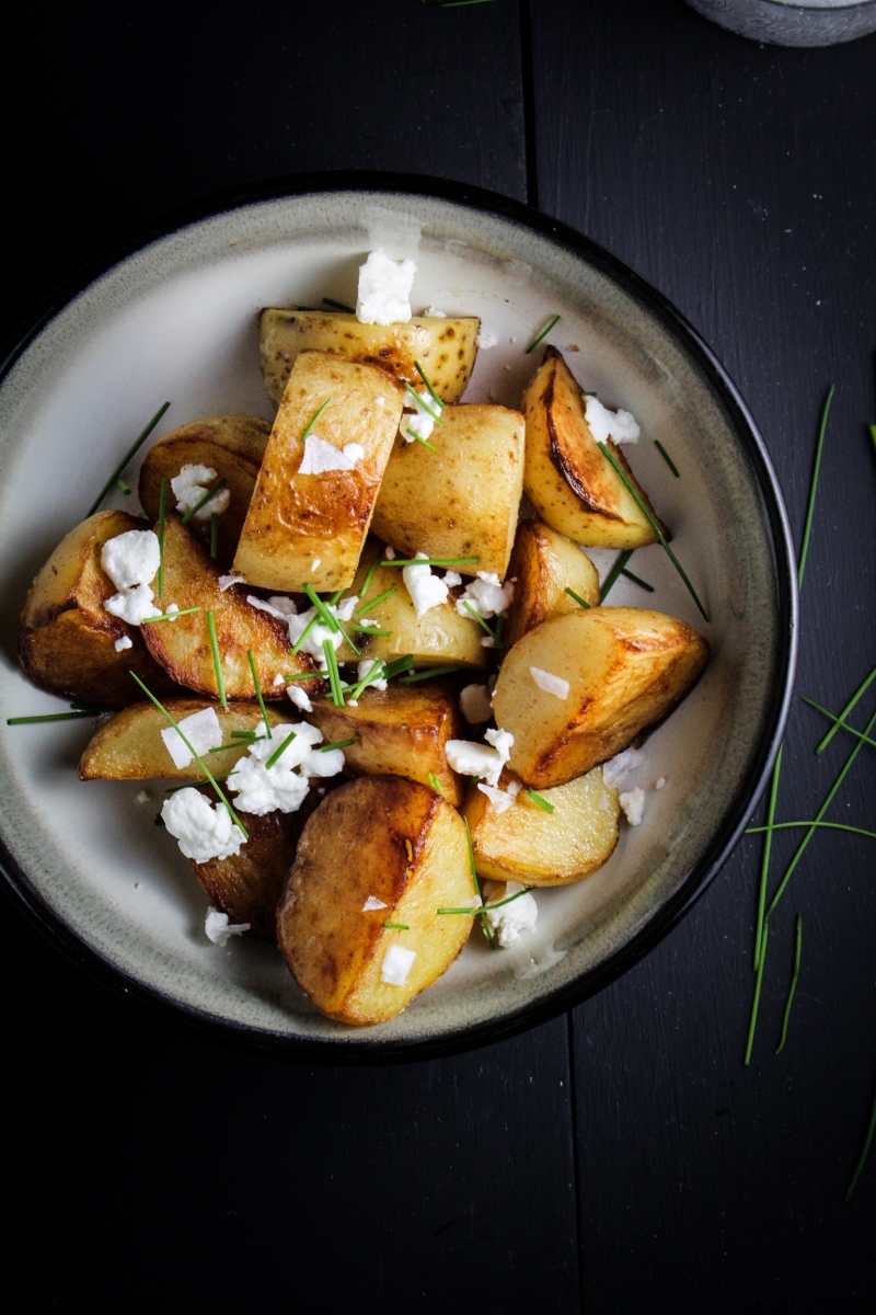 Crispy Sea Salt and Vinegar Potatoes with Goat Cheese and Chives