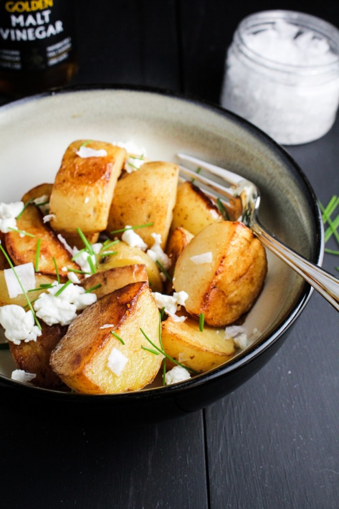 Crispy Sea Salt and Vinegar Potatoes with Goat Cheese and Chives