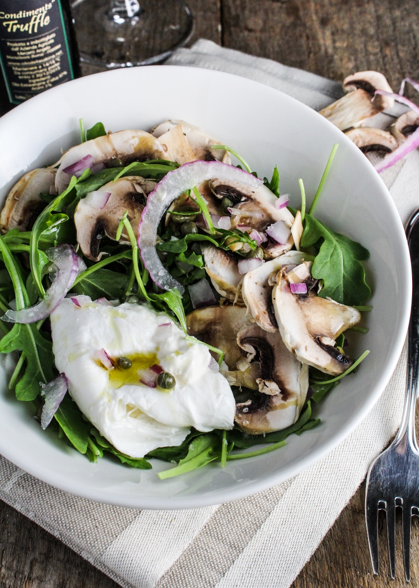 Arugula Salad with Burrata, Shaved Mushrooms, and Truffle Oil {Katie at the Kitchen Door}