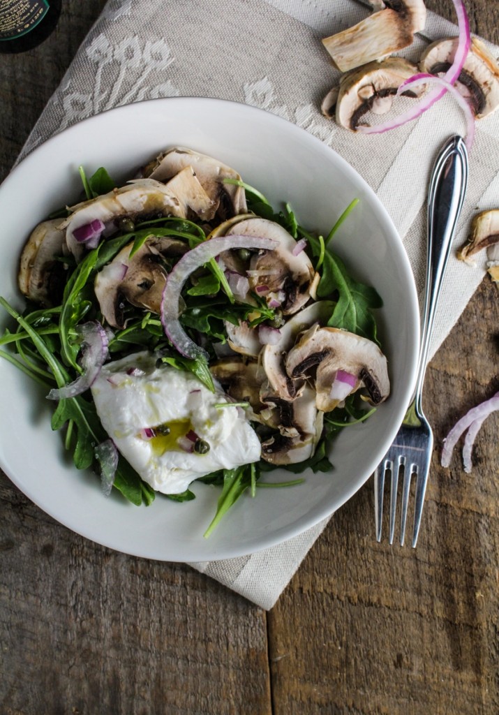 Arugula Salad with Burrata, Shaved Mushrooms, and Truffle Oil Katie