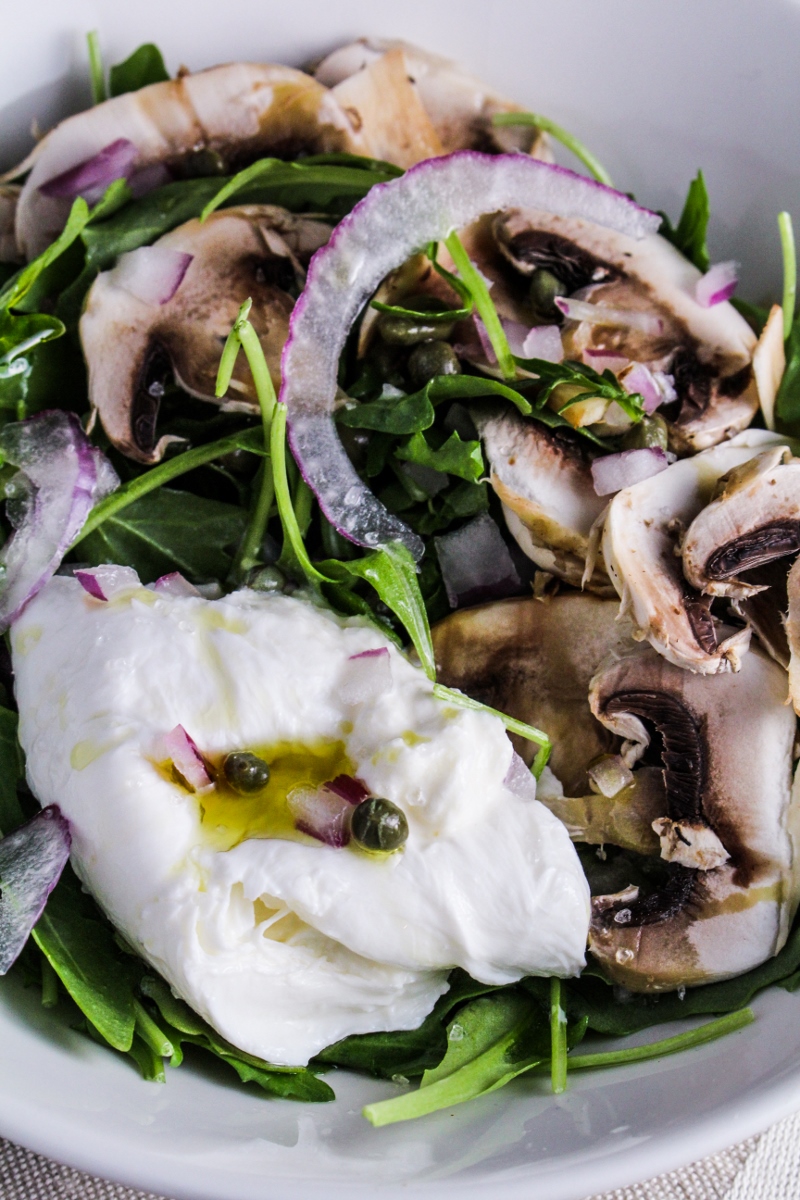 Arugula Salad with Burrata, Shaved Mushrooms, and Truffle Oil {Katie at the Kitchen Door}