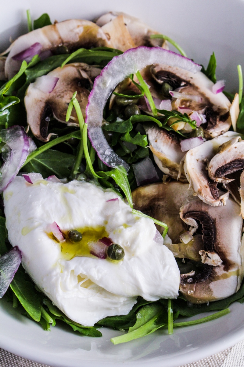 Arugula Salad with Burrata, Shaved Mushrooms, and Truffle Oil