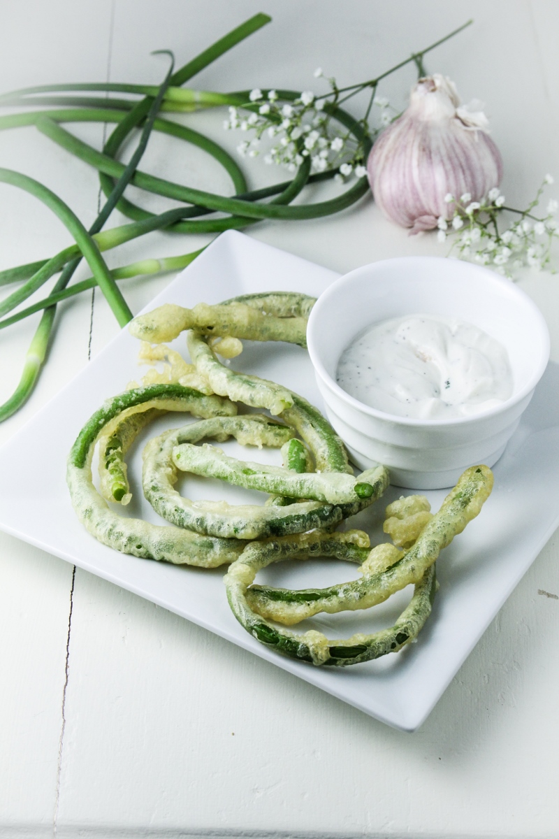 The First Harvest // Garlic Scape Tempura with Goat Cheese Dip