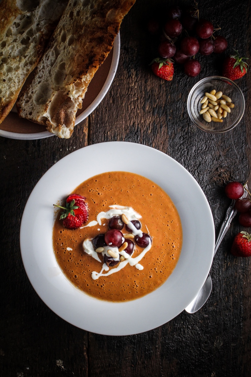 Strawberry Gazpacho with Grapes and Goat Cheese {Katie at the Kitchen Door}