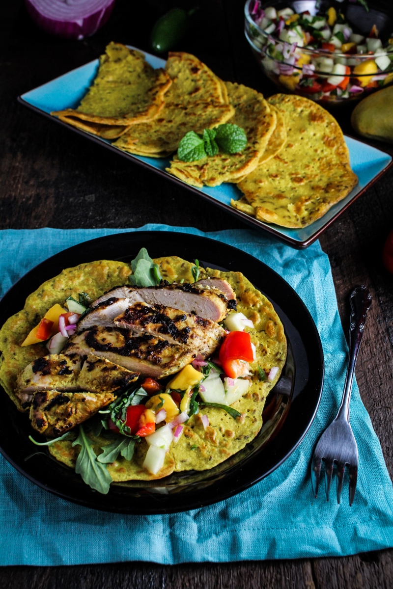 Chickpea Crepes with Grilled Curried Chicken and Mango Salsa {Katie at the Kitchen Door}