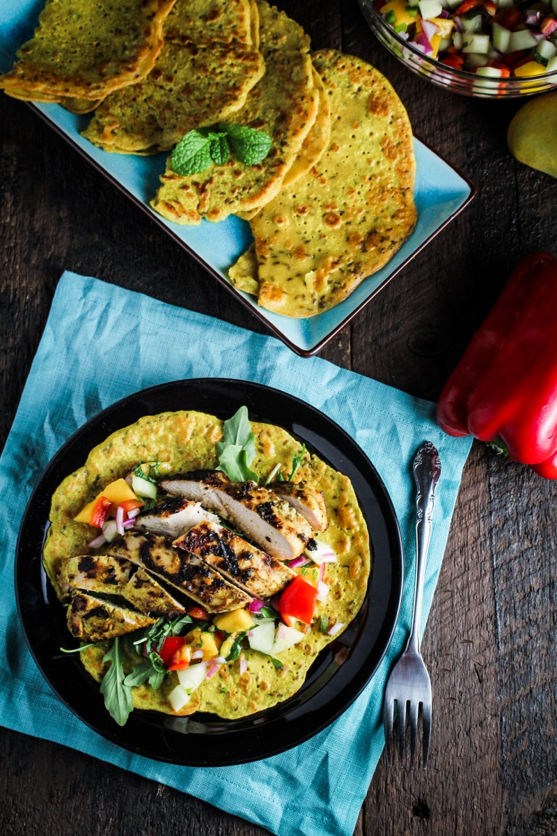 Chickpea Crepes with Grilled Curried Chicken and Mango Salsa {Katie at the Kitchen Door}
