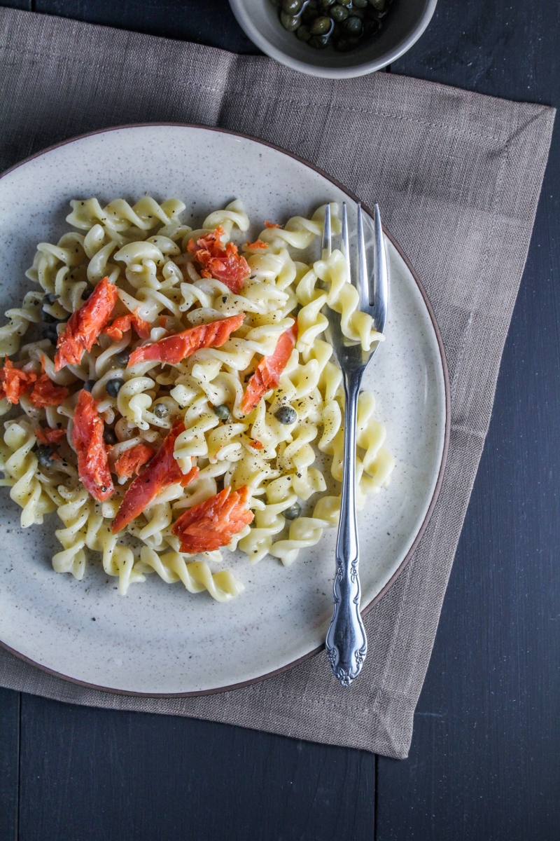 Smoked Salmon, Creme Fraiche, and Caper Rotini on Cup of Jo