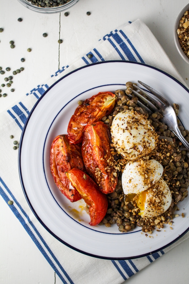 Lentils, Harissa-Roasted Tomatoes, Dukka-Rolled Eggs {Katie at the Kitchen Door}