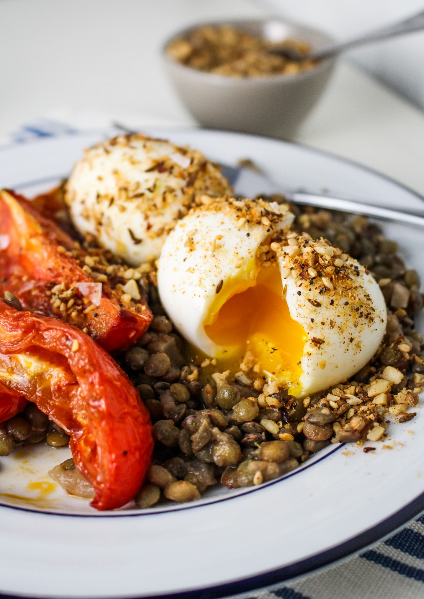 Lentils, Harissa-Roasted Tomatoes, Dukka-Rolled Eggs {Katie at the Kitchen Door}