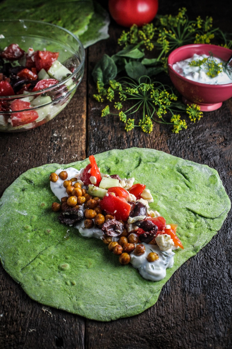 Homemade Spinach Wraps with Chopped Greek Salad {Katie at the Kitchen Door}
