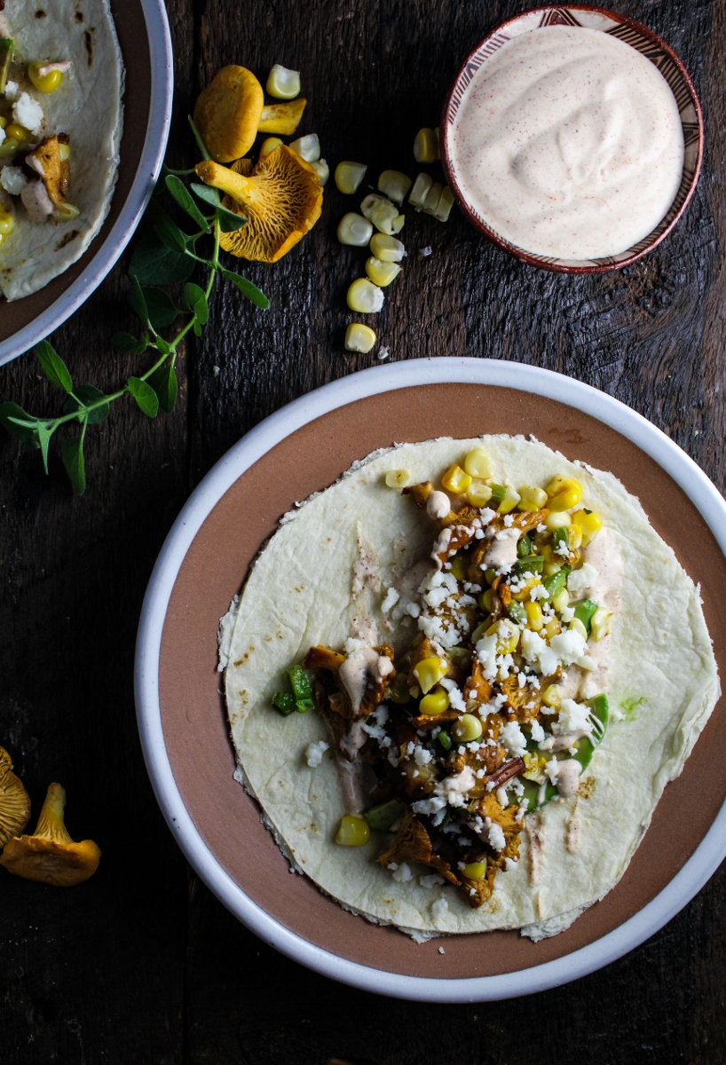 Chanterelle and Corn Tacos with Chile Crema {Katie at the Kitchen Door}