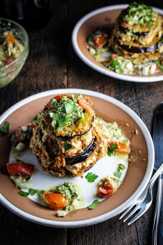 Eggplant Napoleon Pesto Marinated Eggplant, Baba Ghanoush, Tomato