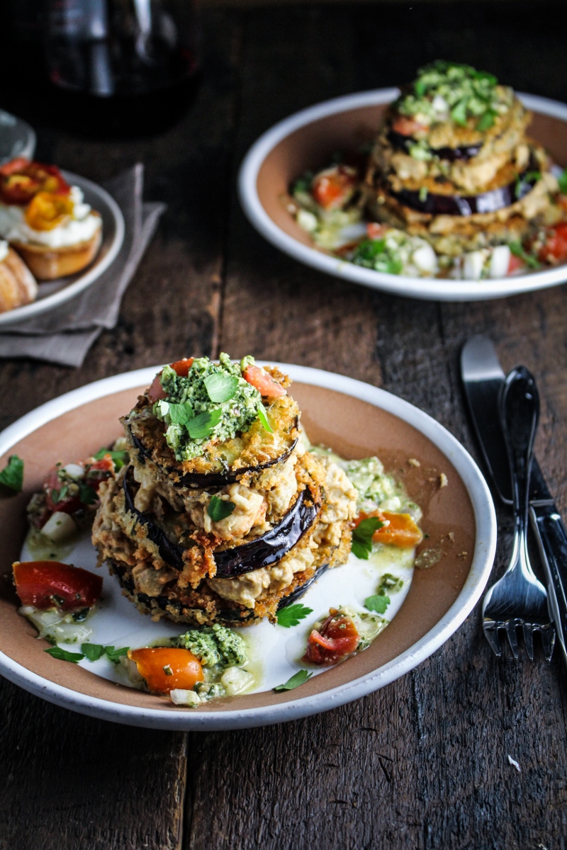 Sunday Dinner // Ricotta and Cherry Tomato Crostini, Eggplant and Pesto Napoleons, and Blackberry Pie