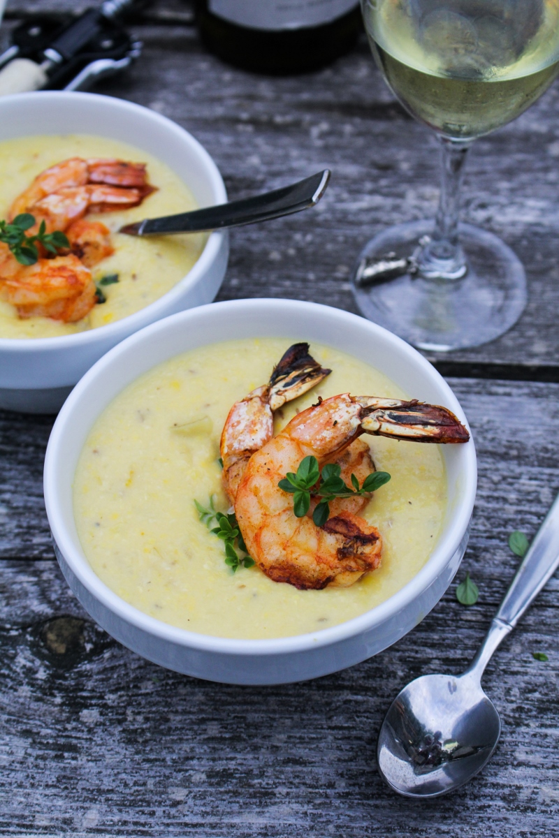 Corn Chowder with Paprika-Grilled Shrimp {Katie at the Kitchen Door}