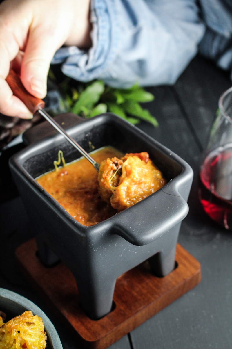 Indian-Spiced Arancini and Curried Tomato-Gruyere Fondue {Katie at the Kitchen Door}