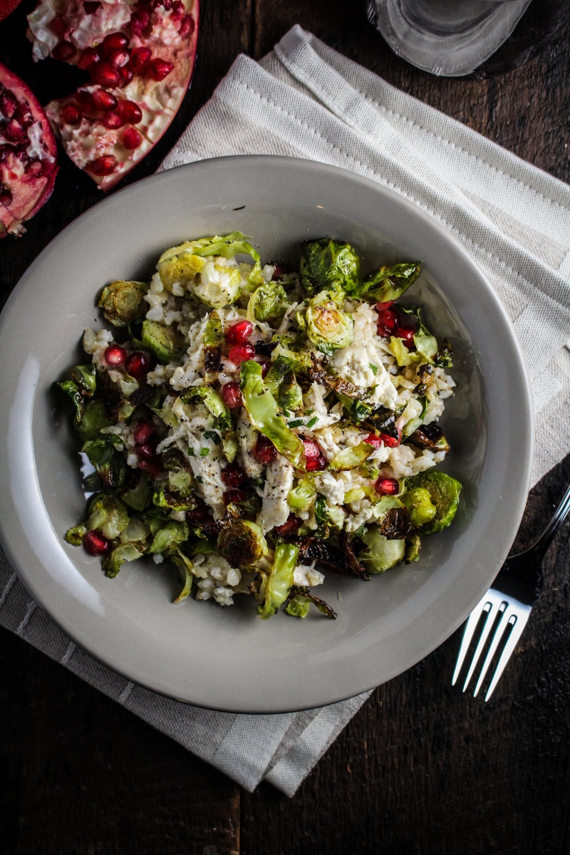 Crispy Brussels Sprouts, Lemon Chicken, and Pomegranate Rice Bowl {Katie at the Kitchen Door}