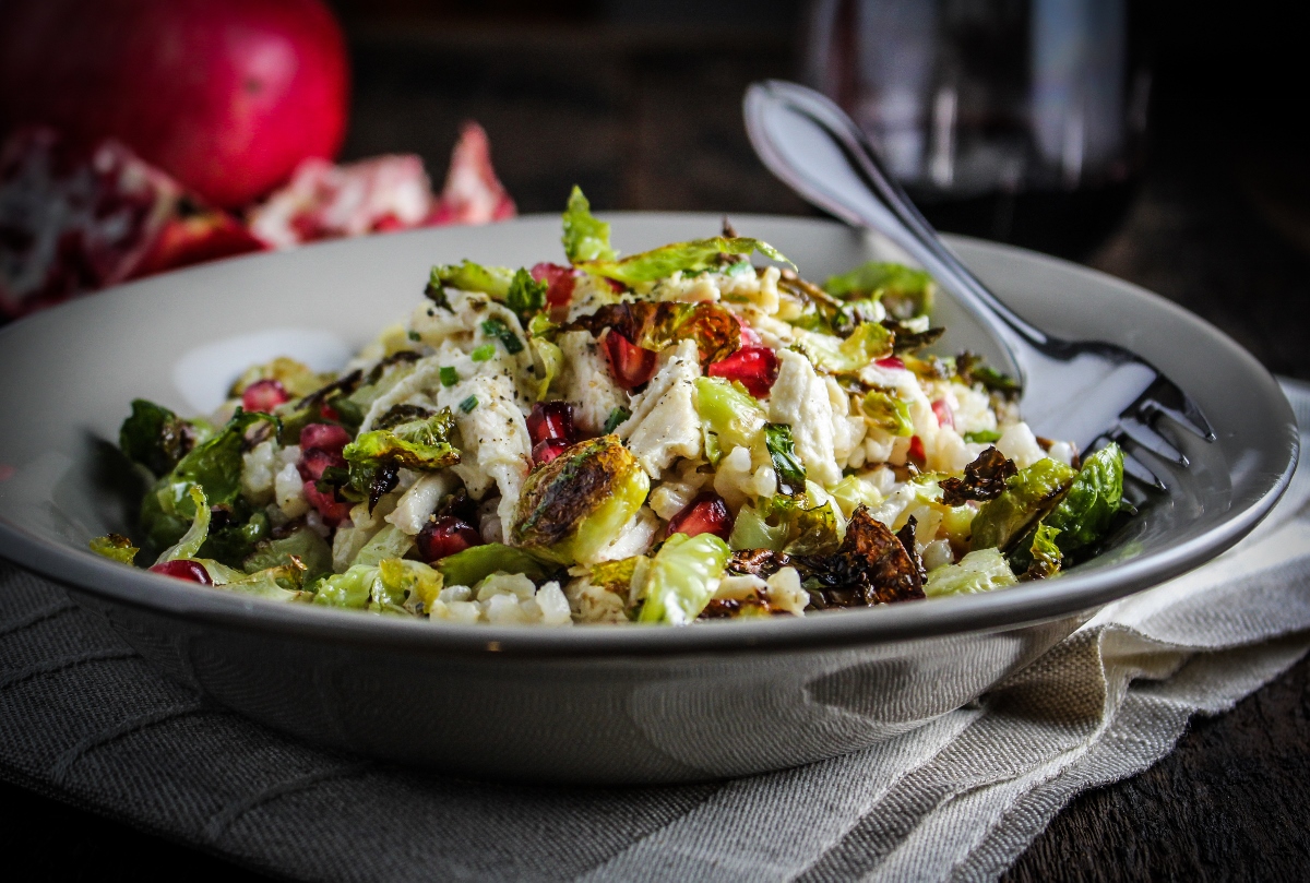 Crispy Brussels Sprouts, Lemon Chicken, and Pomegranate Rice Bowl {Katie at the Kitchen Door}