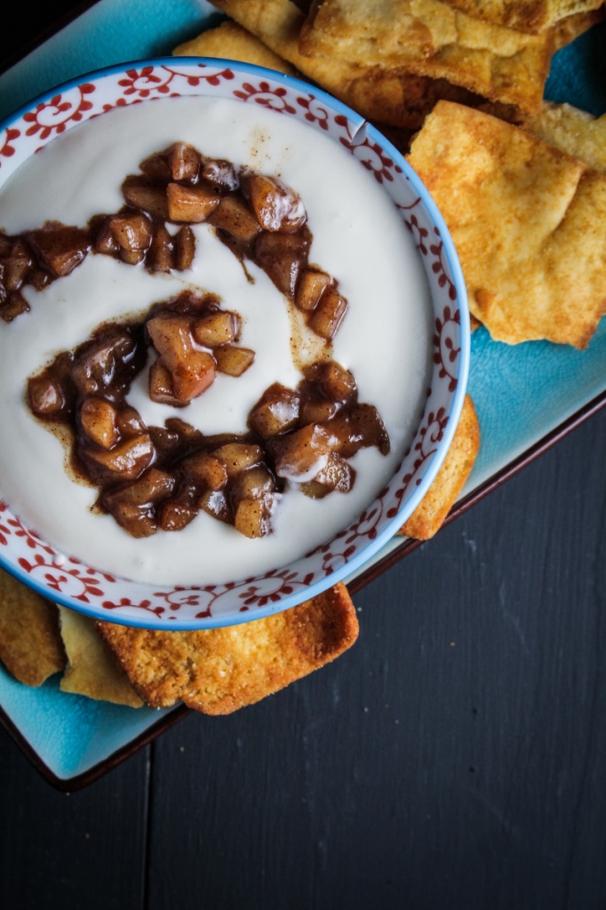 Cinnamon-Apple and Whipped Greek Yogurt Dip with #StacysSaltedCaramel Pita Chips #sponsored {Katie at the Kitchen Door} @stacyssnacks