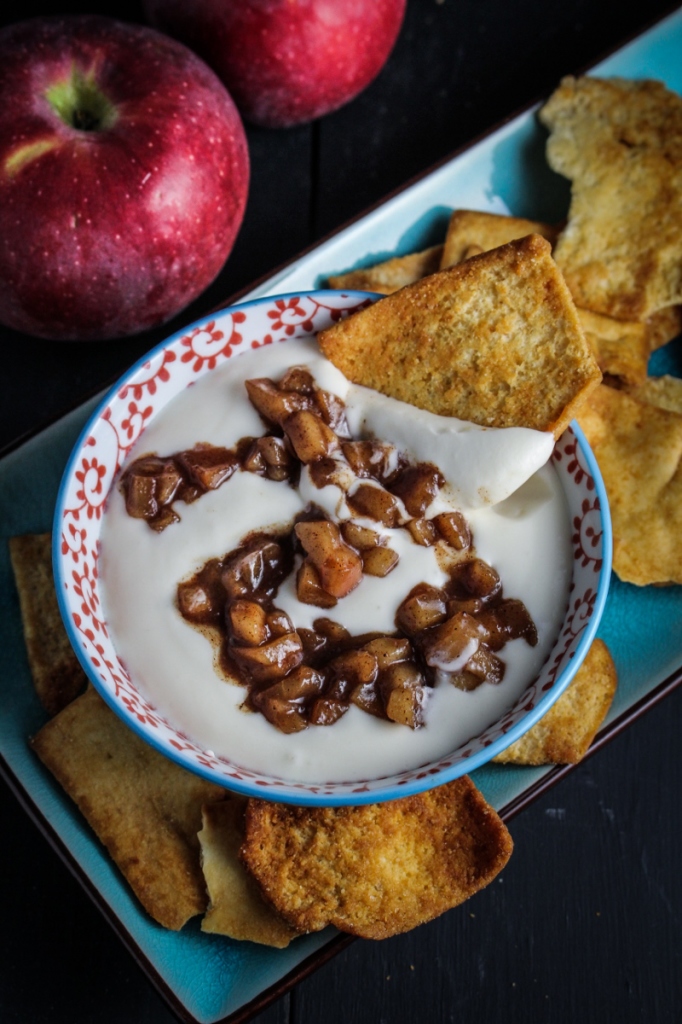 Cinnamon-Apple and Whipped Greek Yogurt Dip with #StacysSaltedCaramel Pita Chips #sponsored {Katie at the Kitchen Door} @stacyssnacks