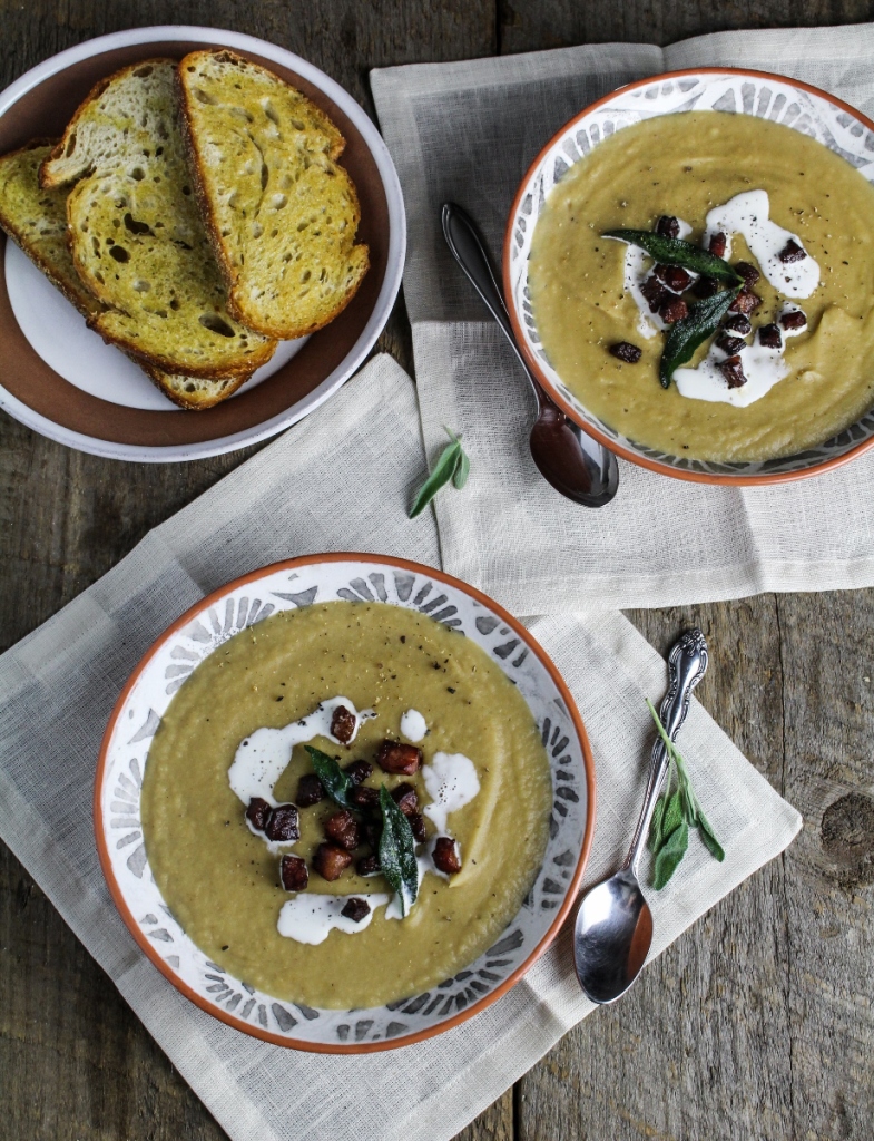 Roasted Parsnip and White Bean Soup with Guanciale and Fried Sage {Katie at the Kitchen Door}