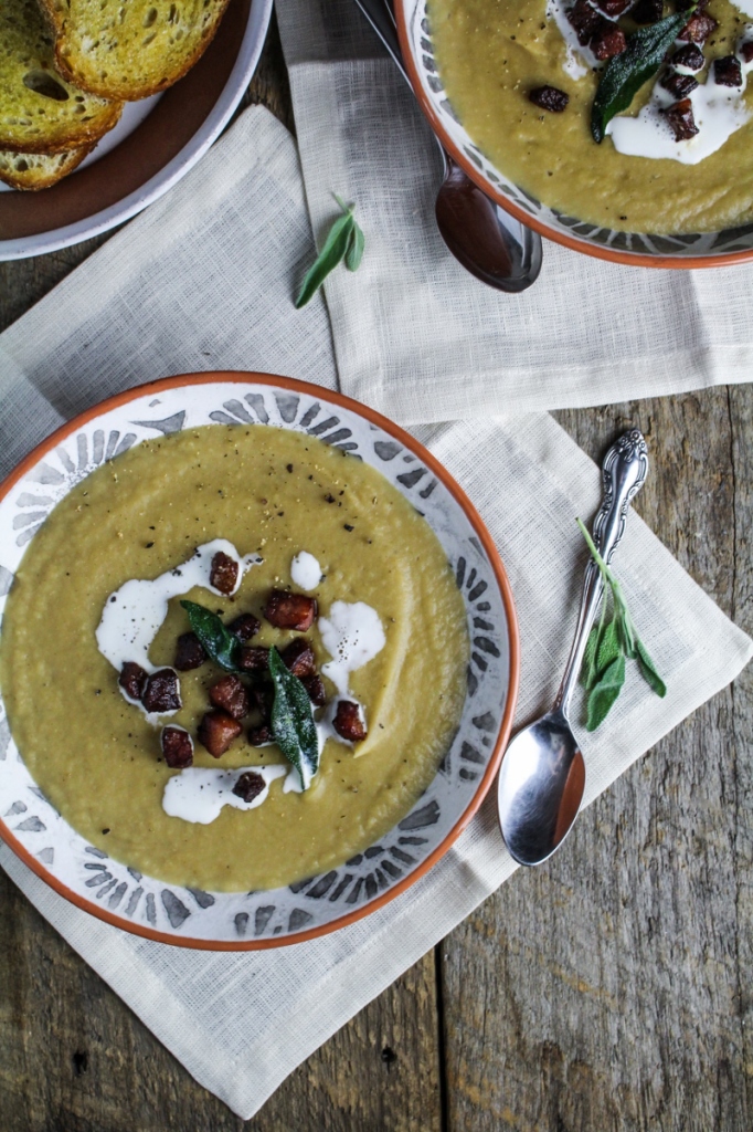 Roasted Parsnip and White Bean Soup with Guanciale and Fried Sage {Katie at the Kitchen Door}