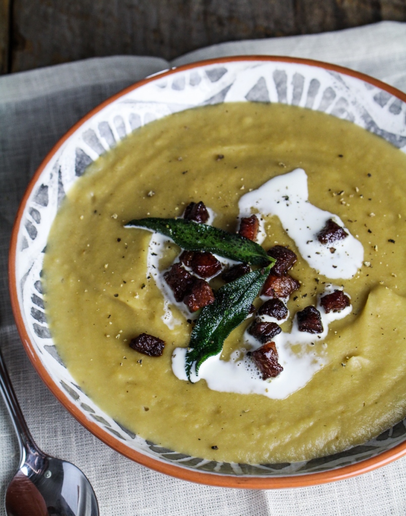 Roasted Parsnip and White Bean Soup with Guanciale and Fried Sage {Katie at the Kitchen Door}