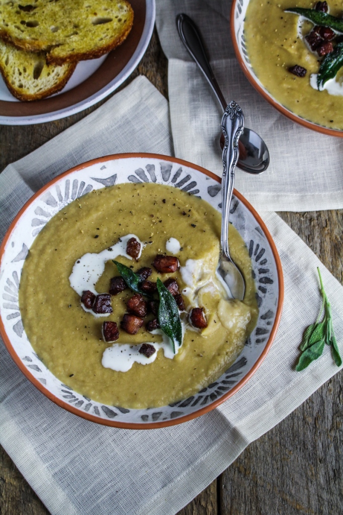 Roasted Parsnip and White Bean Soup with Guanciale and Fried Sage {Katie at the Kitchen Door}