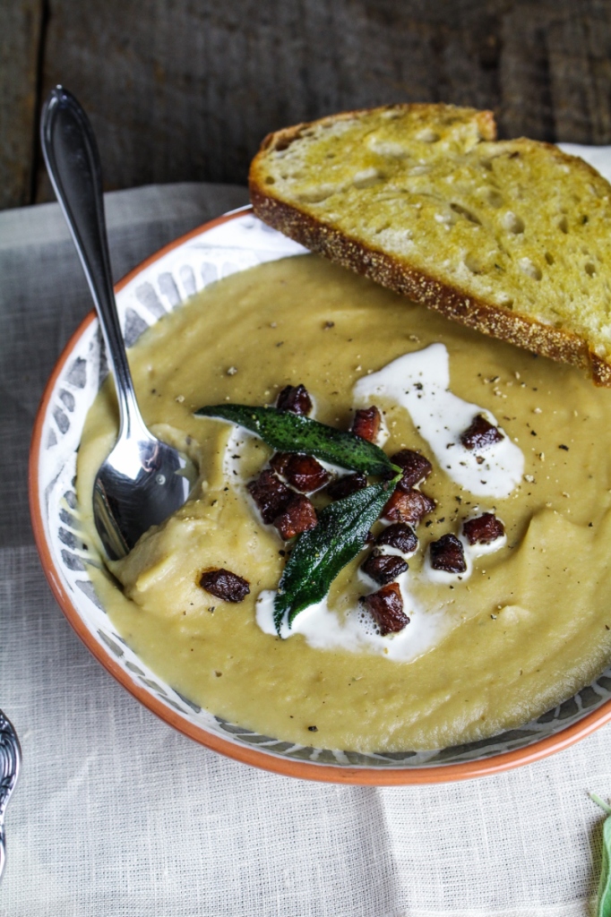 Roasted Parsnip and White Bean Soup with Guanciale and Fried Sage {Katie at the Kitchen Door}