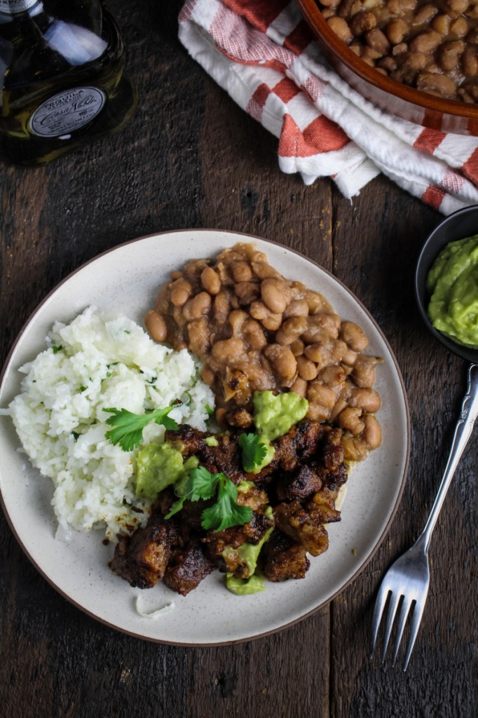 Slow-Cooked Pork in Tequila with Rice, Beans, and Avocado Salsa {Katie at the Kitchen Door}