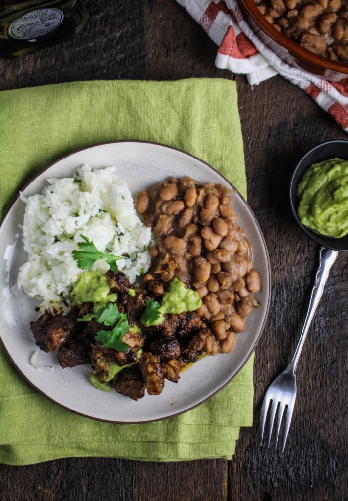 Slow-Cooked Pork in Tequila with Rice, Beans, and Avocado Salsa {Katie at the Kitchen Door}