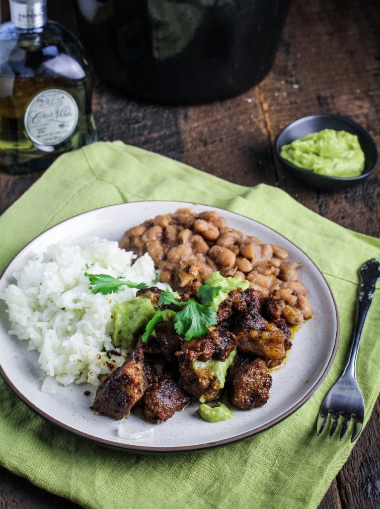 Slow-Cooked Pork in Tequila with Rice, Beans, and Avocado Salsa {Katie at the Kitchen Door}