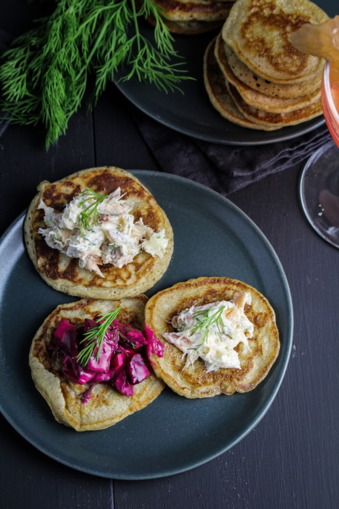 Rye Blini with Hot-Smoked Salmon Dip and Russian Beet Salad {Katie at the Kitchen Door}