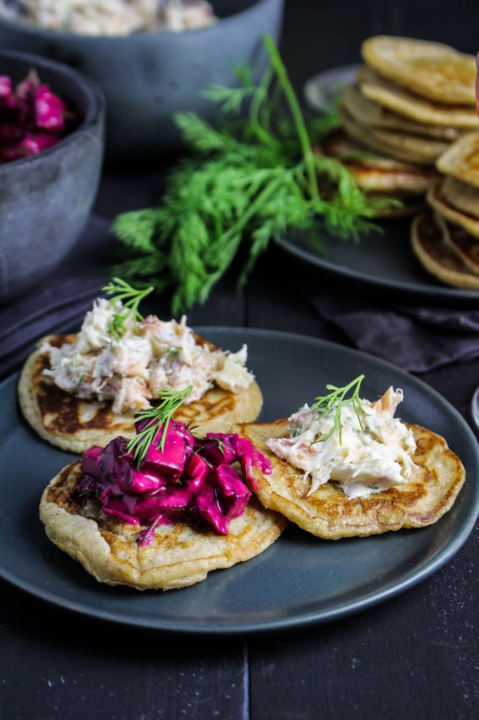 Rye Blini with Hot-Smoked Salmon Dip and Russian Beet Salad {Katie at the Kitchen Door}