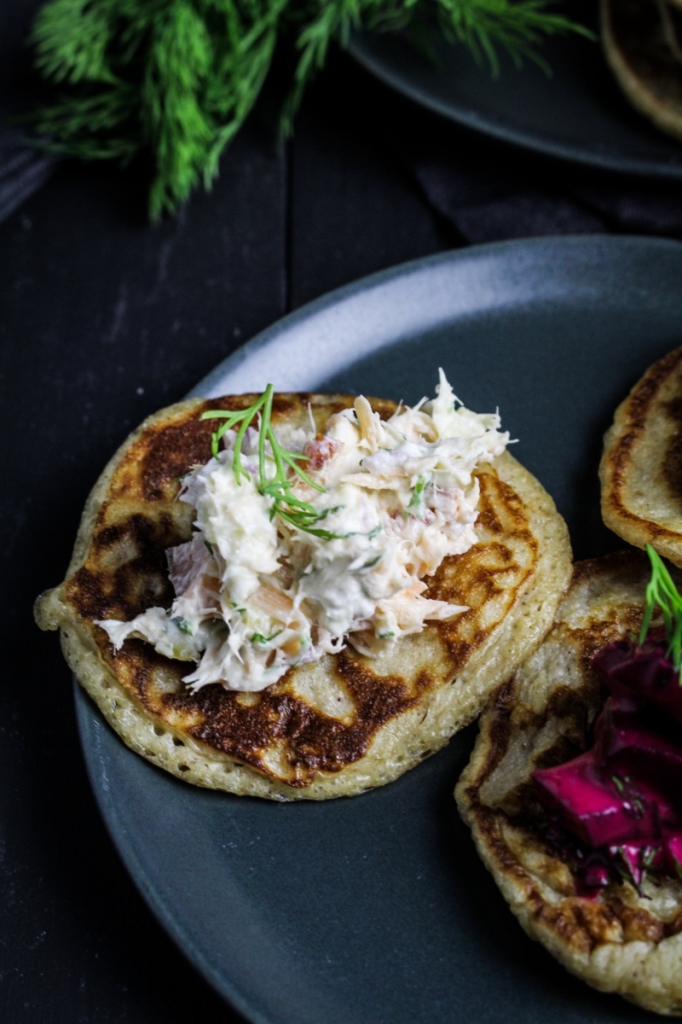 Hot-Smoked Salmon Dip on Rye Blini {Katie at the Kitchen Door}