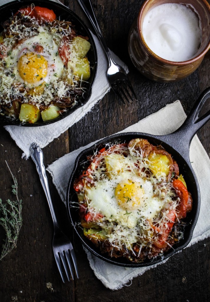 Hangover Hash - Potatoes, Chorizo, Peperonata, Caramelized Onions, Eggs, and Gouda {Katie at the Kitchen Door}