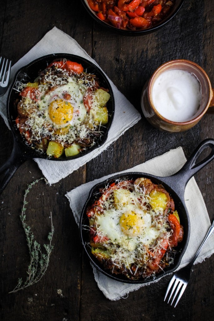 Hangover Hash - Potatoes, Chorizo, Peperonata, Caramelized Onions, Eggs, and Gouda {Katie at the Kitchen Door}