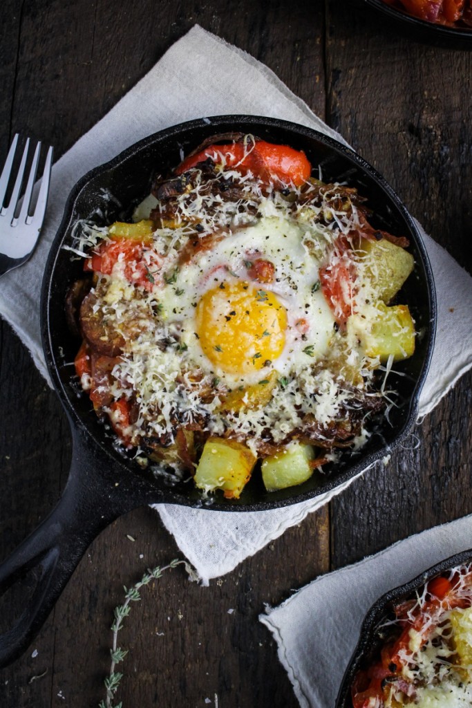 Hangover Hash - Potatoes, Chorizo, Peperonata, Caramelized Onions, Eggs, and Gouda {Katie at the Kitchen Door}