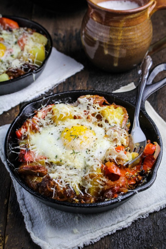 Hangover Hash - Potatoes, Chorizo, Peperonata, Caramelized Onions, Eggs, and Gouda {Katie at the Kitchen Door}