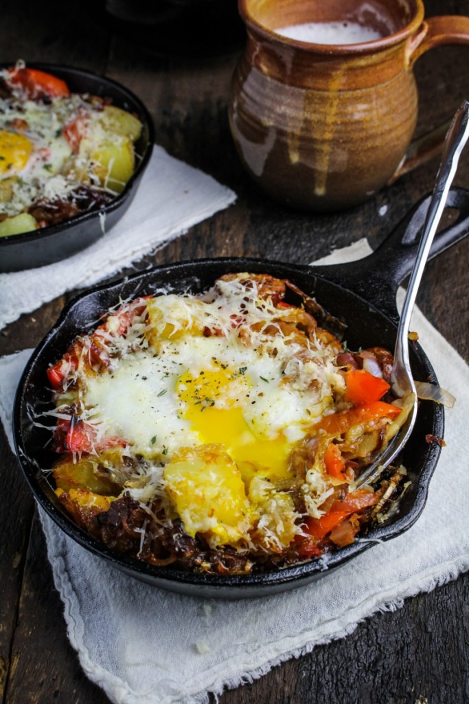 Hangover Hash - Potatoes, Chorizo, Peperonata, Caramelized Onions, Eggs, and Gouda {Katie at the Kitchen Door}