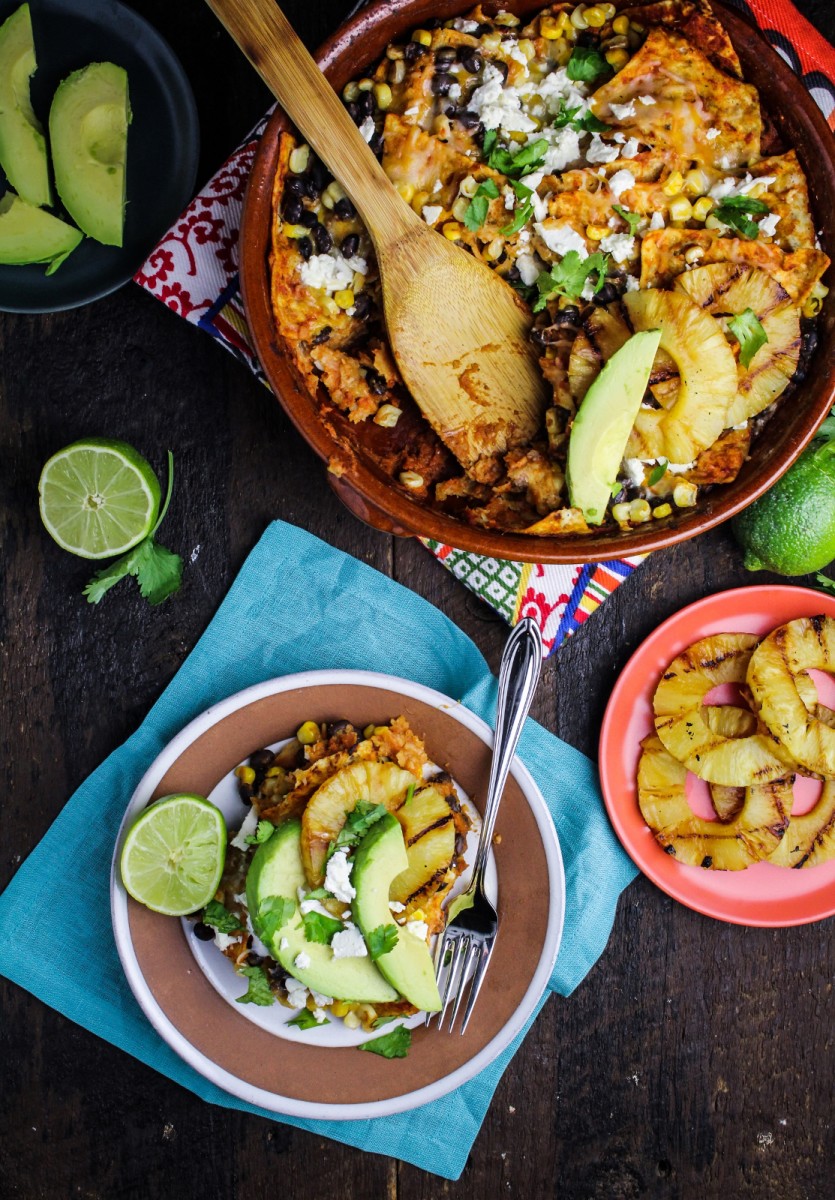 Chipotle and Black Bean Chilaquiles with Grilled Pineapple {Katie at the Kitchen Door}