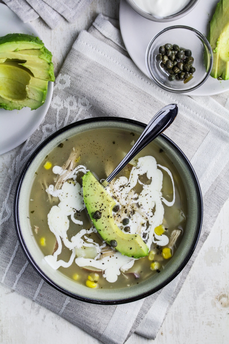 Ajiaco Bogotano - Colombian Chicken, Potato and Corn Soup with Avocado and Capers {Katie at the Kitchen Door}