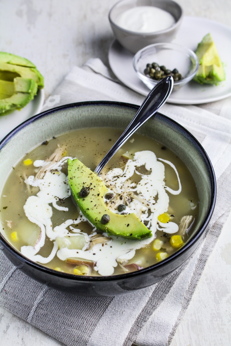 Ajiaco Bogotano - Colombian Chicken, Potato and Corn Soup with Avocado and Capers {Katie at the Kitchen Door}