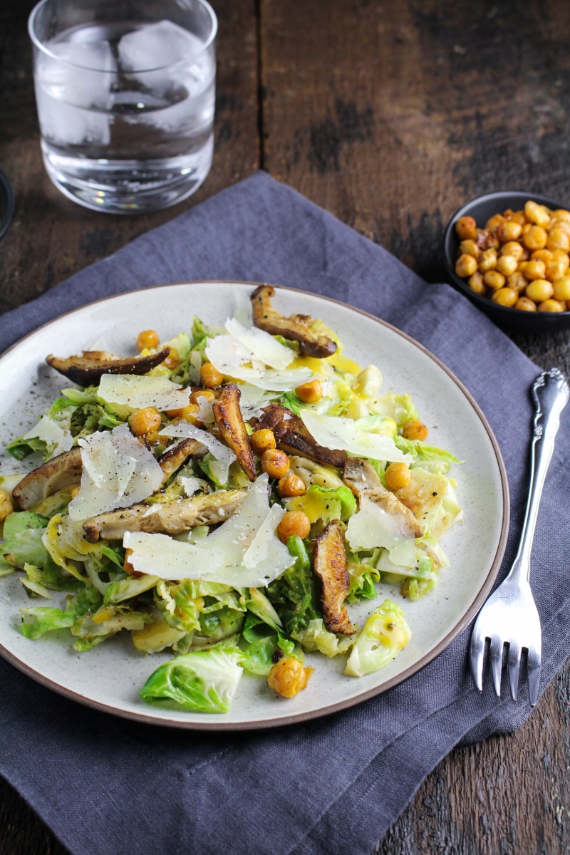 Brussels Sprout Caesar Salad with Shiitake Mushrooms and Roasted Chickpeas {Katie at the Kitchen Door}